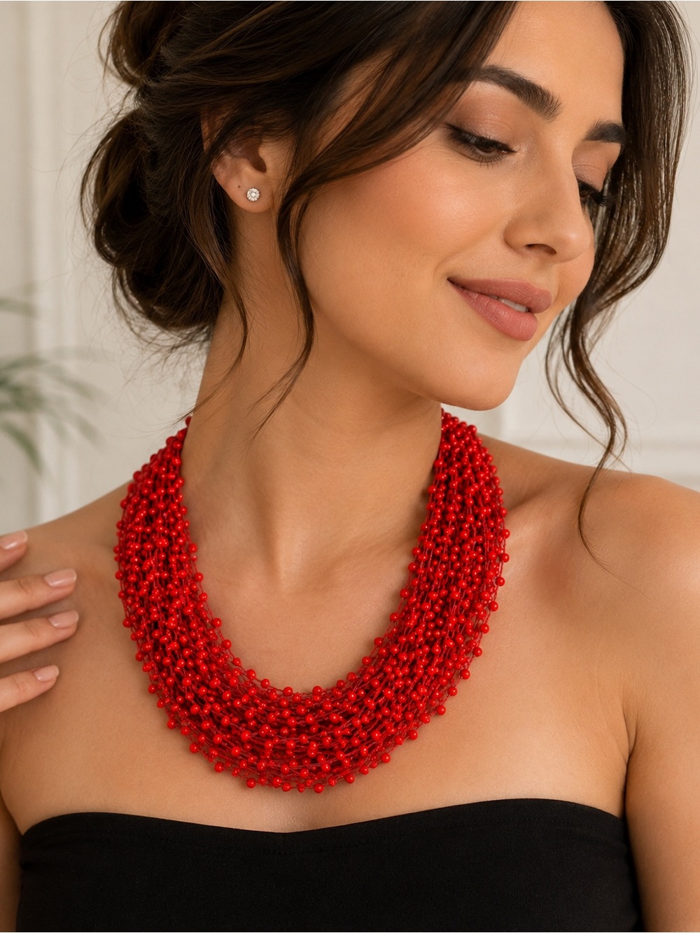 Red Multi-Strand Beaded Necklace - Unbranded
